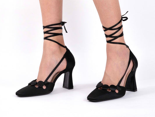 "MOON" Black-Satin Laced Up Pump