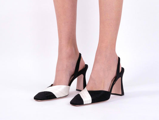 "MIRA" Black+White - Satin Sandal Sling Back